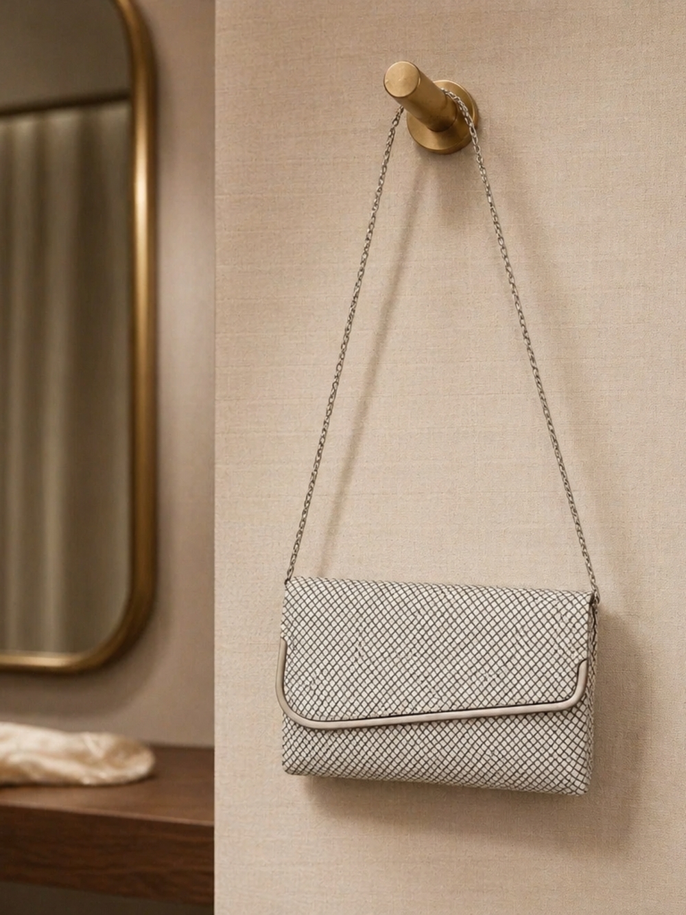 Whiting & Davis Cream Woven Crossbody with Chain Strap